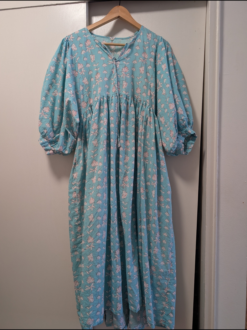 Light Blue Floral Midi Dress with Puff Sleeves
